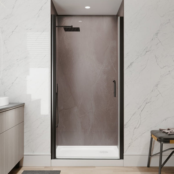 English Elm 36-38 in Frameless Pivot Shower Door Clear Glass Matte Black Hardware Reversible Swing W63777051