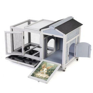 English Elm Wooden Pine Rabbit Hutch Dual Compartment Pet House with Casters Weatherproof Roof W2181P356189