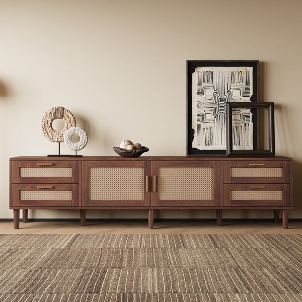 English Elm 78 Inch Rattan Media Console with Pine Legs Four Drawers Modern Living Room Tv Stand N710P365048P