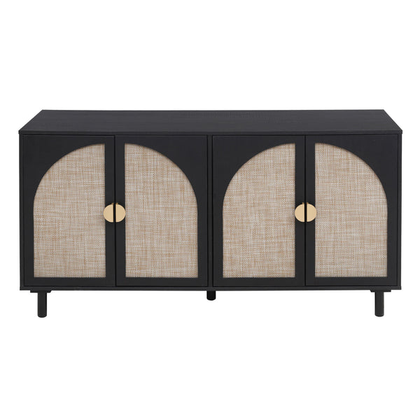 English Elm 4 Engineered Rattan 4-Door Storage Cabinet with Pine Feet, Moisture-Proof Durable Finish, Sleek Handles Black W688134376
