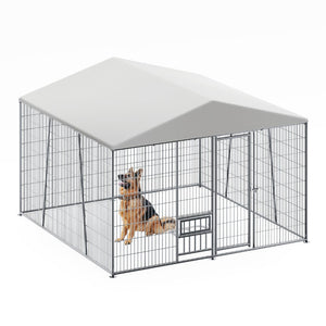English Elm 10 X 10 Ft Heavy Gauge Steel Outdoor Dog Kennel with Pvc Roof and Feeding Basin W1820S00023