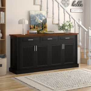 English Elm 63" Fluted Sideboard Buffet Cabinet with Coffee Bar Storage, 4 Doors 3 Drawers, Smooth Silent Slides Black W2917P319112