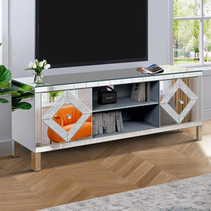 English Elm Mirrored Tv Stand For 65"+ Tvs - Antique Silver Console With Open Storage & Stylish Diamond Doors W1445P204027