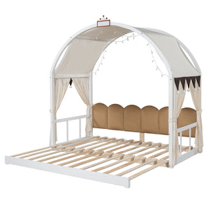 English Elm Twin Pinewood Ground-Level Canopy Bed with Arched Roof and Trundle for Kids—Whimsical, Sturdy Design White N820P181648K