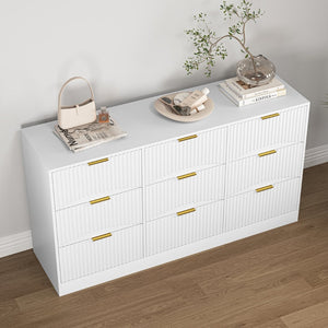 English Elm Black Nine Drawer Wide Dresser Matte Wood Chest with Wavy Relief Panels Bedroom Storage White W409P307539