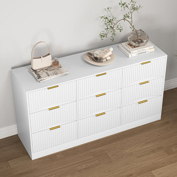 English Elm Black Nine Drawer Wide Dresser Matte Wood Chest with Wavy Relief Panels Bedroom Storage White W409P307539