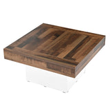 English Elm 31.4'' X 31.4'' Farmhouse Coffee Table With 2 Usb Ports and Outlets, Brown Spliced Wood Grain Center Table With Led Light, Rustic Cocktail Table With Charging Station For Living Room, White