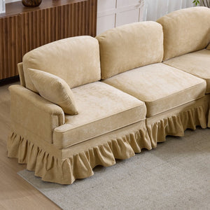 English Elm 103.15'' Chenille L-shaped Sectional Sofa with Detachable Pleated Skirt and Ottoman Khaki W3612S00045