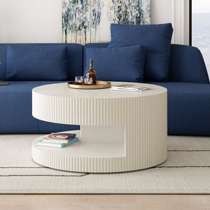 English Elm 31.5'' Round Coffee Table with Hidden Storage and Vertical Stripe Accent, Modern Durable MDF Design White W757P206006