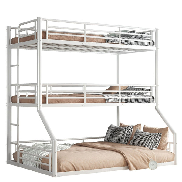 English Elm Twin Triple Metal Bunk Bed Matte Powder Coated Frame with Full Safety Guardrails Light White W1580S00585