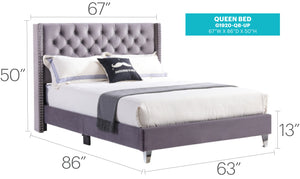 English Elm Chic Velvet Gray Queen Upholstered Bed with Padded Headboard, Sturdy Frame, 50"H x 66"W x 86"D B078118298