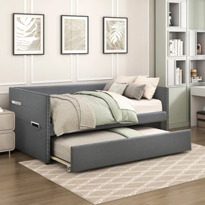 English Elm Modern Upholstered Daybed with Pull Out Trundle Nailhead Trim and Side Storage Pockets Dark Gray B011P419496
