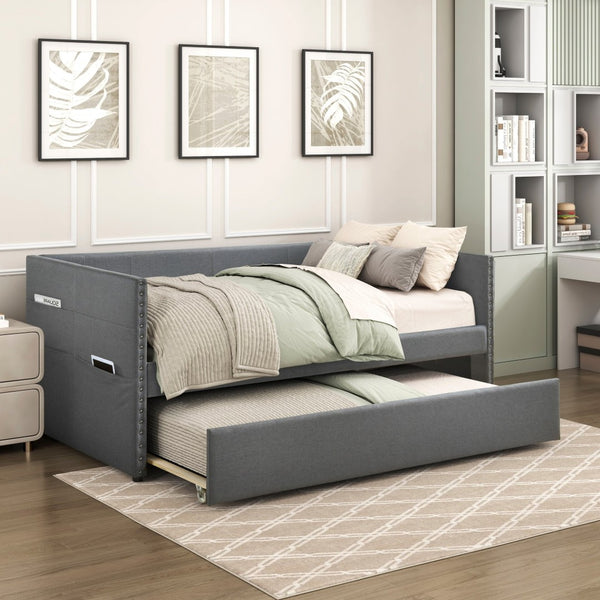 English Elm Modern Upholstered Daybed with Pull Out Trundle Nailhead Trim and Side Storage Pockets Dark Gray B011P419496