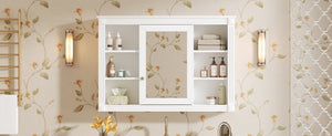 English Elm 42'' Wall Mount Medicine Cabinet White Mdf Mirror Door Six Open Shelves Towel Rod N710P363544K