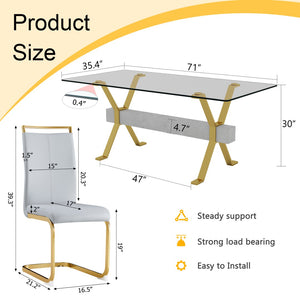 English Elm Table Elegance: 71"X35.4" Clear Glass Dining Set With 8 Light Gray Pu Chairs & Golden Legs W1151S02366-GIGA