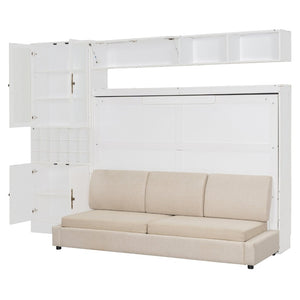 English Elm Full Size Murphy Wall Bed with Linen Sofa Integrated Shelving Usb Charging and Lighting LP000763AAK