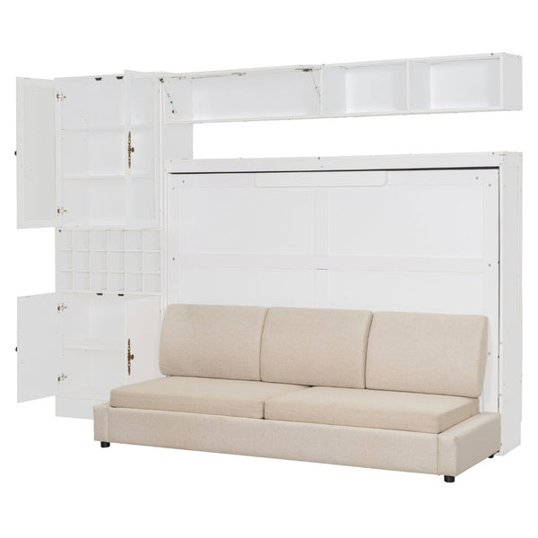English Elm Full Size Murphy Wall Bed with Linen Sofa Integrated Shelving Usb Charging and Lighting LP000763AAK