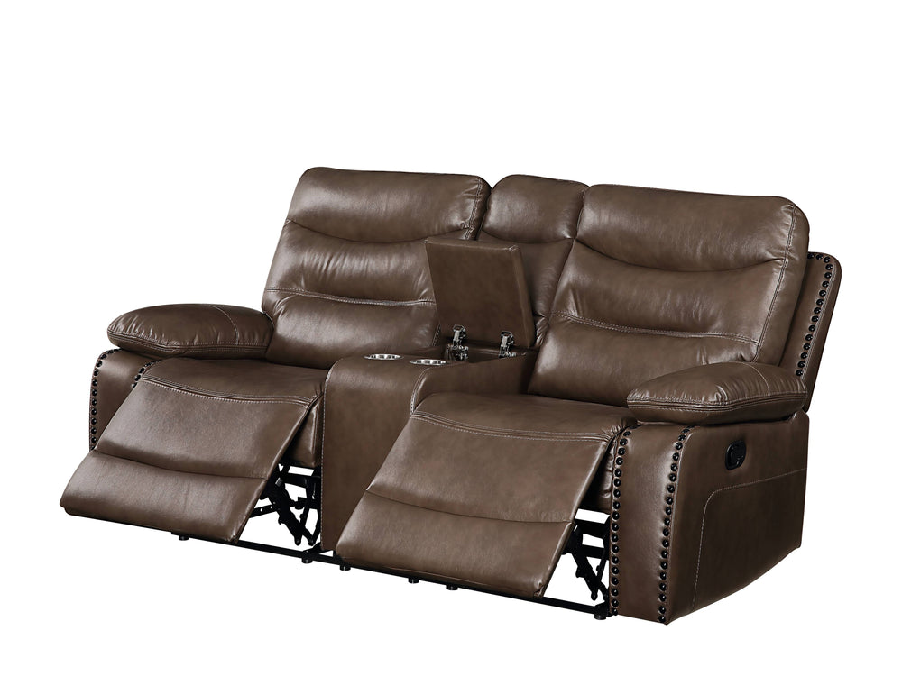 English Elm Aashi Brown Leather-GEL Match Recliner Loveseat with Console, Cup Holders, Tufted Plush Arms B2726P253073
