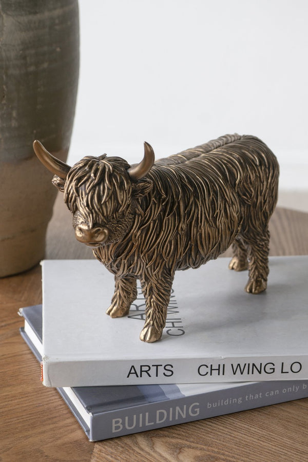 English Elm 10x3.5x7" Lifelike Polyresin Highland Cow Statue with Rich Bronze Finish, Intricate Detail for Mantel Decor W2078P392255