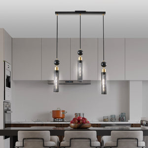 English Elm 25" Modern Black & Gold 3-Light Pendant Chandelier - Adjustable Cylindrical Mesh Shades, E26, Dining/Kitchen Lighting W1340P233174