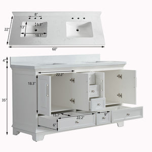 English Elm Fully 60'' Freestanding Double Bathroom Vanity with Solid Wood Base and Carrara Engineered Marble Top White W1826P382807