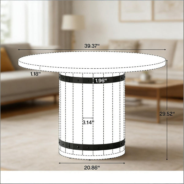 English Elm Round Farmhouse Pedestal Dining Table with Rustic Brown Finish Seats Four T3971P470457