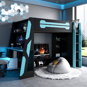 English Elm Twin Gaming Loft Bed with Desk Rgb Lighting and Multi-tier Shelves for Teen Rooms Blue LT000160AAC