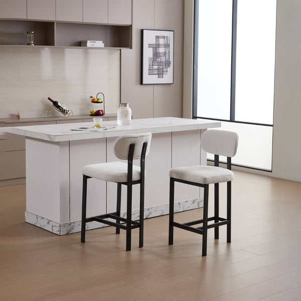 English Elm Bar Stools Set of 2 Upholstered Fabric Seat with Foam Cushion Black Metal Legs Cream W3244P310202