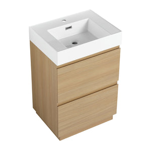 English Elm 24" Modern Bathroom Vanity with Single Undermount Sink, Engineered Wood, Waterproof Finish, 2 Drawers and Pre-Drilled Faucet Hole Oak W1972S00005