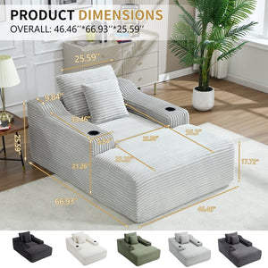English Elm 67" Corduroy Oversized Chaise Sleeper Sofa Deep Seat Boneless Lounge with Cup Holder Pillows Light Grey W1803P409264
