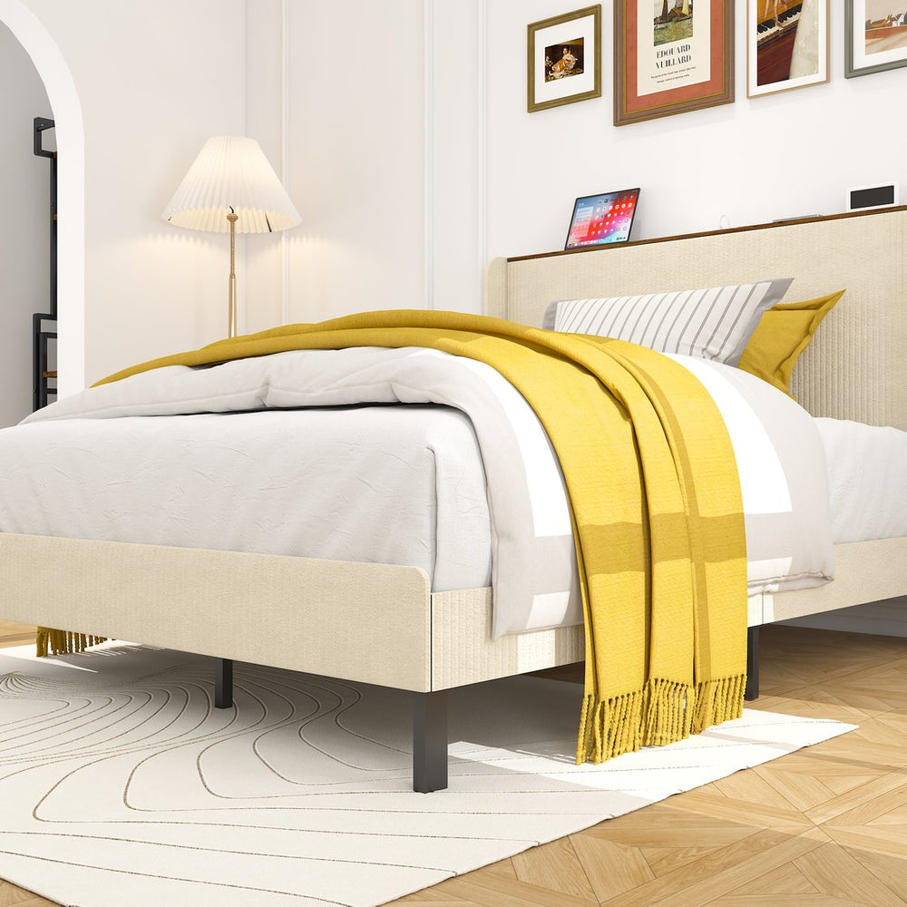 English Elm Queen Metal Platform Bed with Storage Headboard & 2 USB Ports, Beige, Noise-Free, Easy Assemble W636P288880