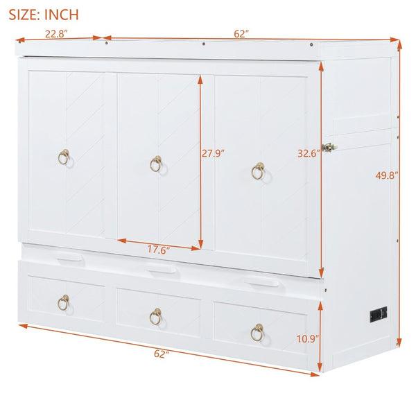 English Elm Queen Murphy Wall Bed with Pull Out Storage Drawer and Built in Usb Charging White LP000428AAK