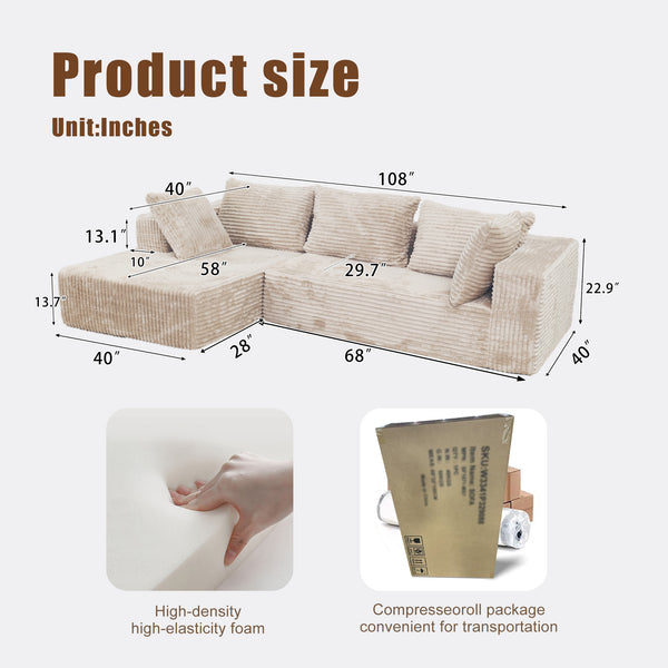 English Elm Cloud Plush Sectional Sofa L-Shape Chaise, CertiPUR-US Foam, Machine Washable Corduroy, Stain-Resistant Comfort W3341P346290
