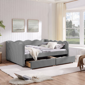 English Elm Queen Gingham Linen Daybed with Wave Backrest Two Storage Drawers and Usb Port Black W1413S00153