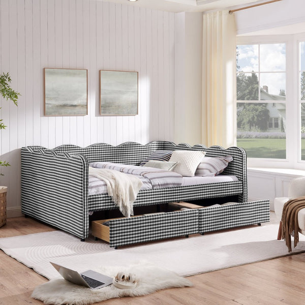 English Elm Queen Gingham Linen Daybed with Wave Backrest Two Storage Drawers and Usb Port Black W1413S00153