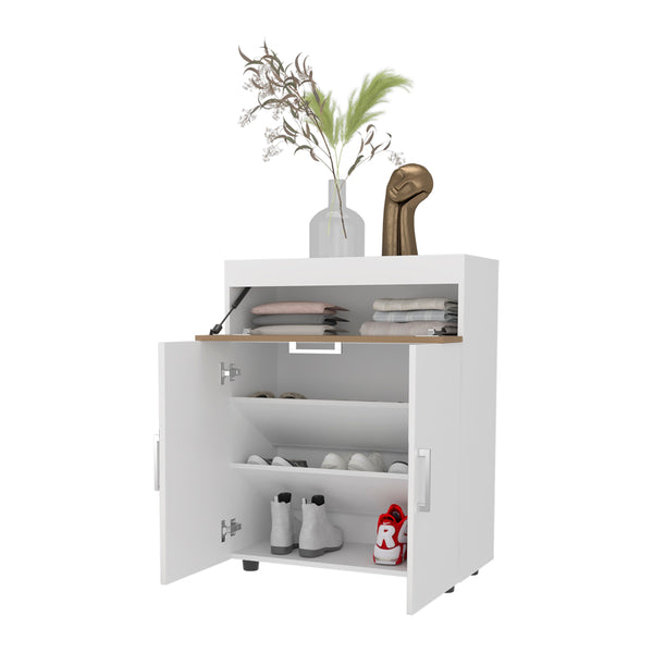 English Elm Pneumatic 3-Door Lift-Up Shoe Rack with 4 Shelves, White & Natural Oak Finish for Organized Entryway B062P323160