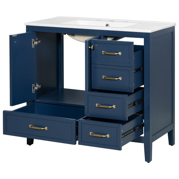 English Elm 36" Solid Pine Bathroom Vanity with Ceramic Sink 4 Soft Close Drawers Vintage Style Blue N759S293646C