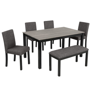 English Elm 6-Piece Stylish Dining Table Set With Bench & Chairs, Modern Light Grey & Black For Kitchen & Dining W1998S00060