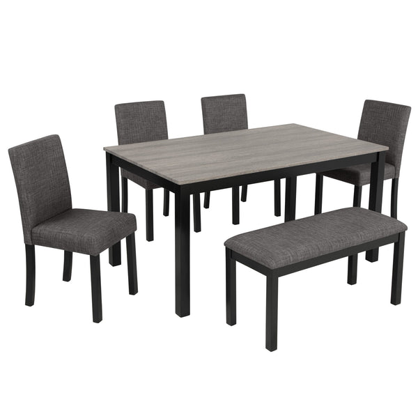 English Elm 6-Piece Stylish Dining Table Set With Bench & Chairs, Modern Light Grey & Black For Kitchen & Dining W1998S00060