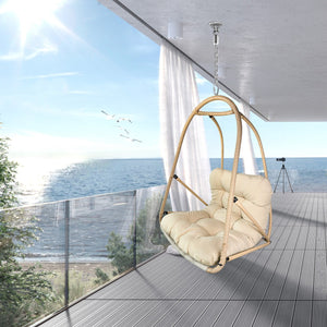 English Elm without Swing Egg Chair Rattan Hanging Patio Basket with C-Bracket, Foldable, Cup Holder, Cushions, Durable Metal Frame Beige+yellow W2707P388602