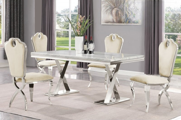 English Elm Cream Velvet Upholstered Dining Chairs with Silver Frame Cloud Seat Set of 2 B011P498399