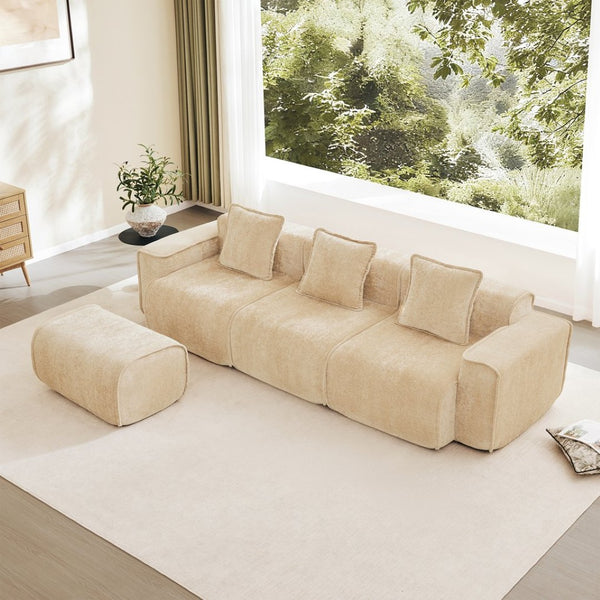 English Elm Streamlined Velvet L-shaped Sectional Sofa with Ottoman and Cloud Cushion Living Room Light Camel W3041S00352