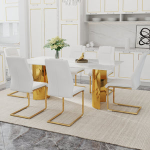 English Elm Table And Chair Set - Elegant White And Gold Dining Furniture With Comfortable Pu Seats, 6 Chairs W1151S04345-GIGA
