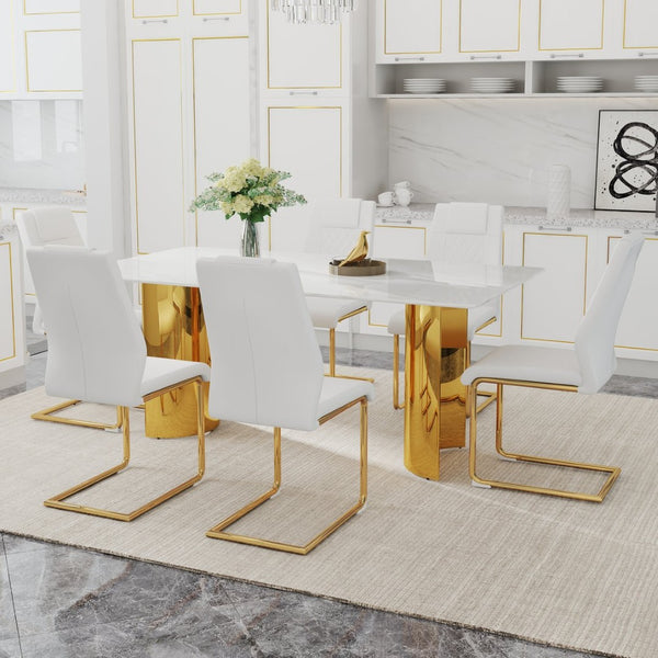 English Elm Table And Chair Set - Elegant White And Gold Dining Furniture With Comfortable Pu Seats, 6 Chairs W1151S04345-GIGA