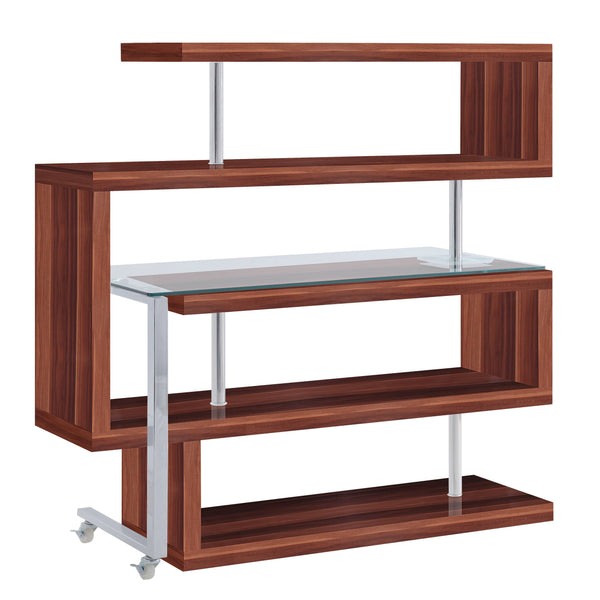 English Elm Buck Buck II Clear Glass Writing Desk with Chrome High Gloss Walnut Finish, Shelves, Wheels B2726S00028