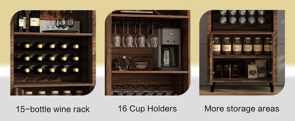 English Elm 71"Farmhouse Arched Wine Bar Cabinet with 15 Bottle Racks, 16 Glass Holders, Anti-Tip Safety for Living/Dining Brown Oak W2977P338256