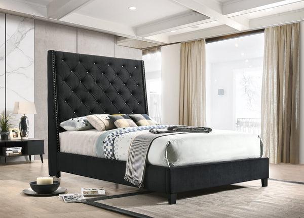 English Elm 1Pc Contemporary Queen Panel Bed With Upholstered Headboard, Nailhead Trim, And Demi-Wings Design B011S01445