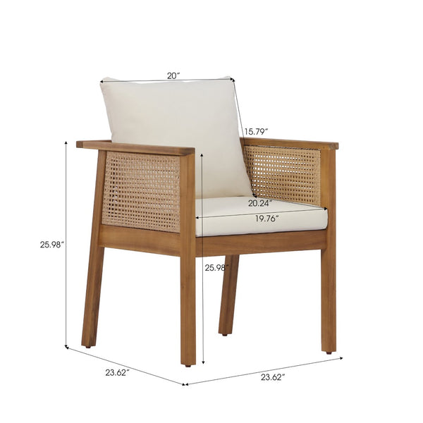 English Elm 7 Piece Acacia Wood Outdoor Dining Set Wicker Back Armchairs Teak Finish Patio N762P371718D_N762P403831T6