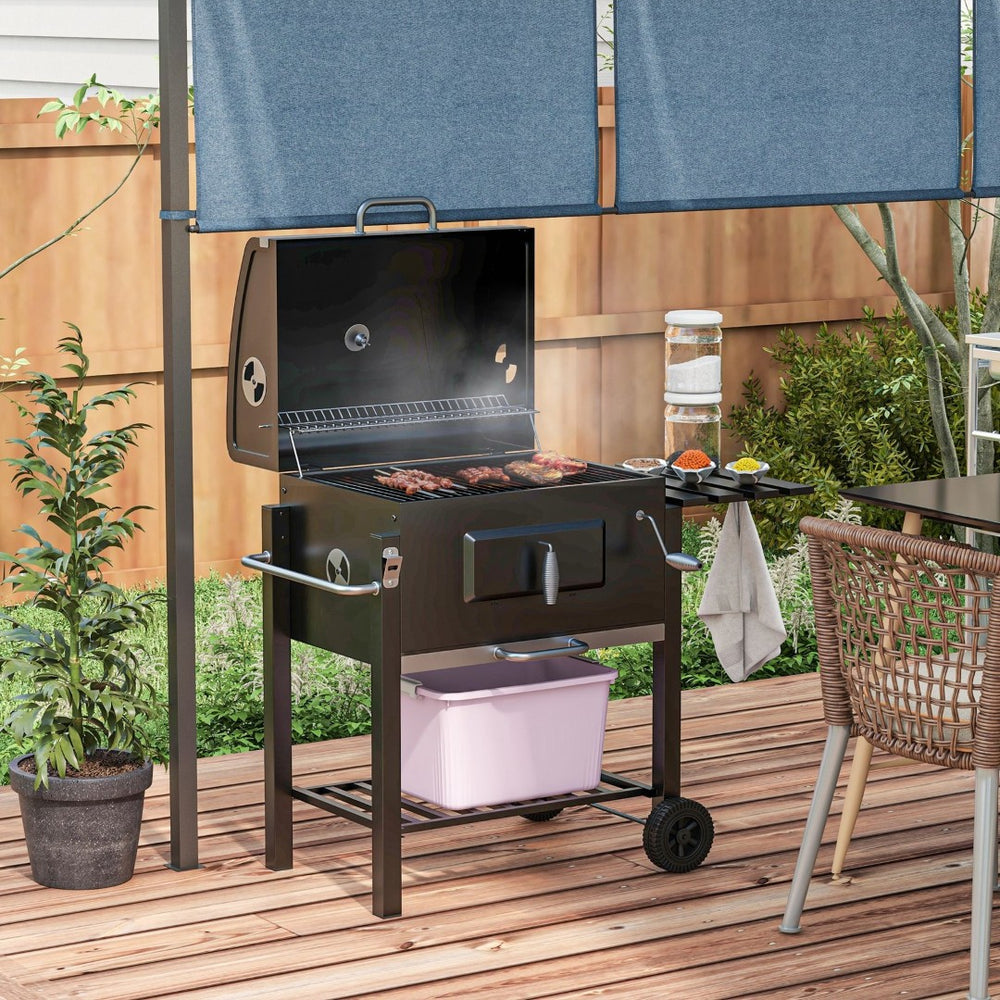 English Elm Outsunny Charcoal Grill Outdoor Bbq Cooker with Side Table Wheels and Storage Shelf W2225P174313