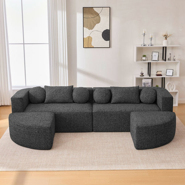 English Elm Boneless Modular Sectional Sofa with Curved Ends, Deep Bouclé Seating, Convertible Sofa Bed & Pillows for Living Room Black N719S002120B